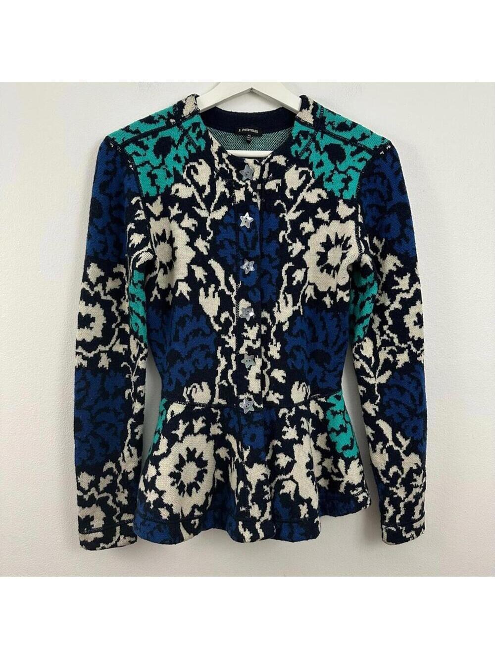 J. Peterman Floral Knit Peplum Button Front Cardigan Sweater Jacket XS